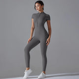 Zip-Front Yoga Jumpsuit - Quick-Dry Short Sleeve Fitness Bodysuit