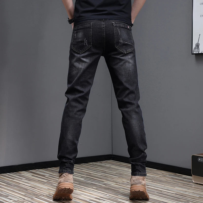 Embroidered Jeans Men's Autumn Winter New Korean Fashion Slim Little Feet Trousers Stretch Vintage Street Denim Trousers Male