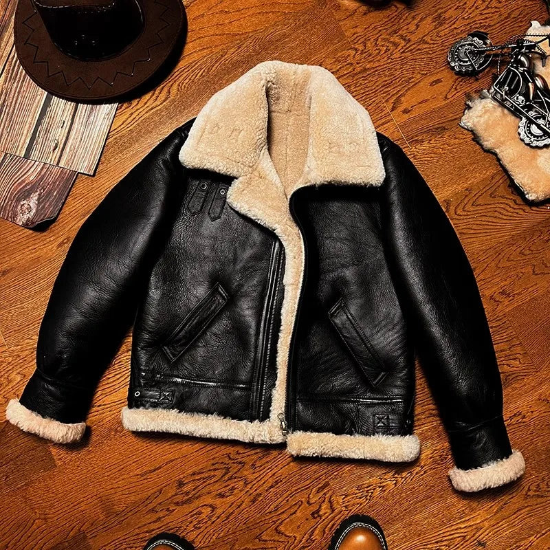 CC Shop Best.Mens High Quality 100% Natural Fur Jacket.Classic B3 Winter Warm Thick Leather Coat.100% Sheepskin with Wool.