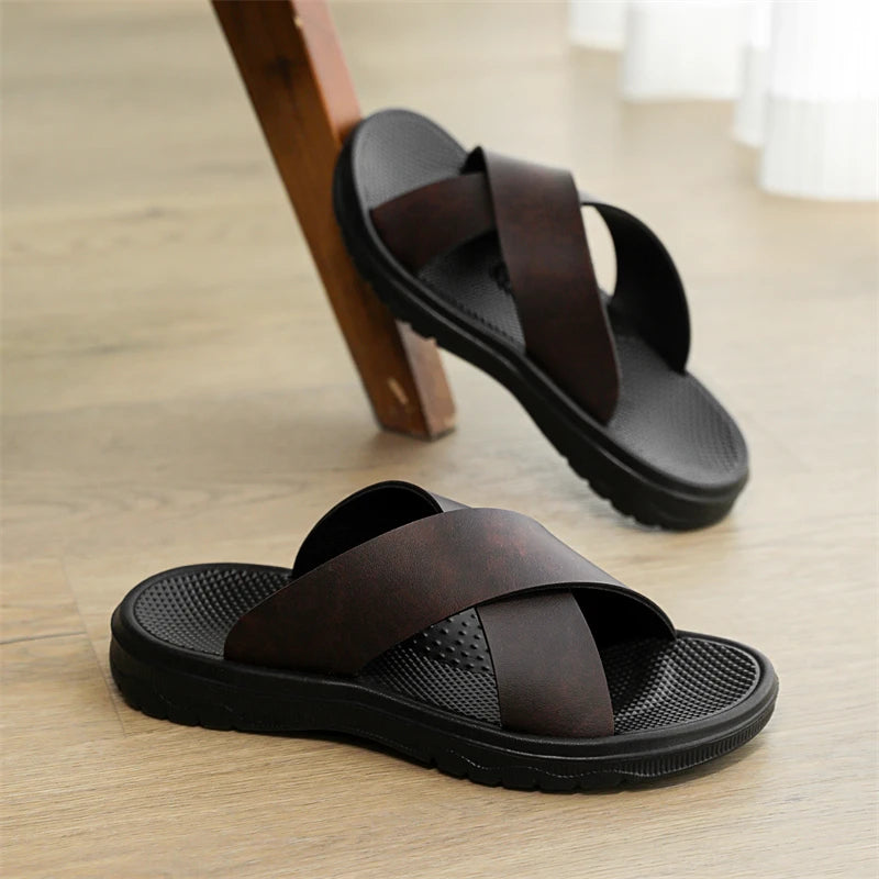 Mens Leather Slippers Comfortable Breathable Summer Big Size Sandals for Men with Soft Sole