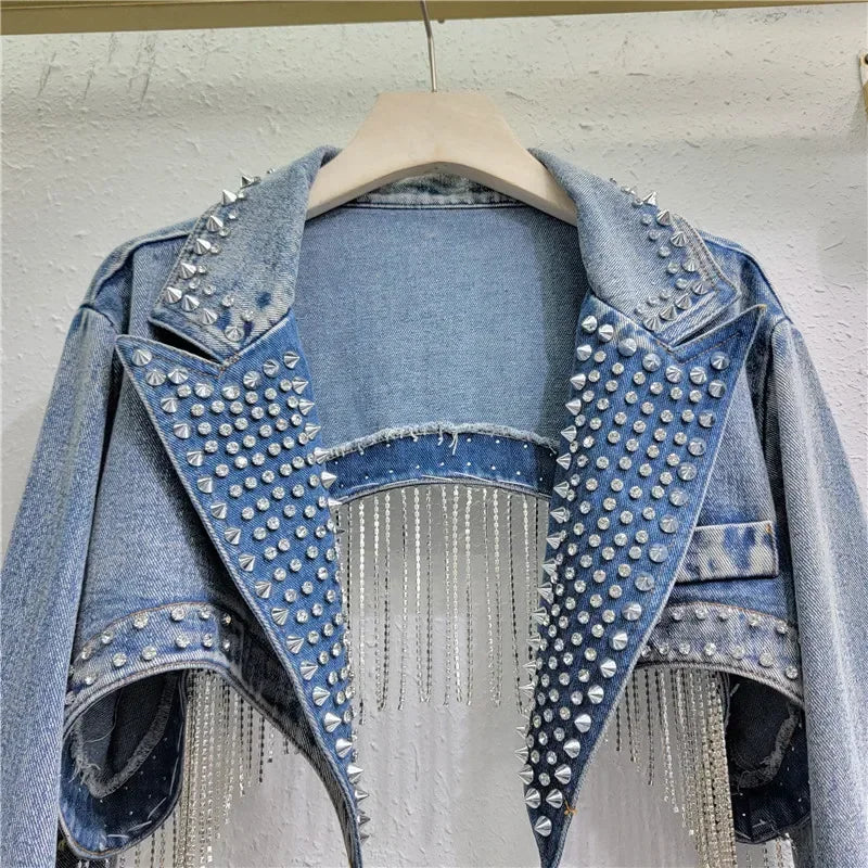 USA-Made Rhinestone Tassel Denim Jacket | Crystal Fringe Backless Festival Coat