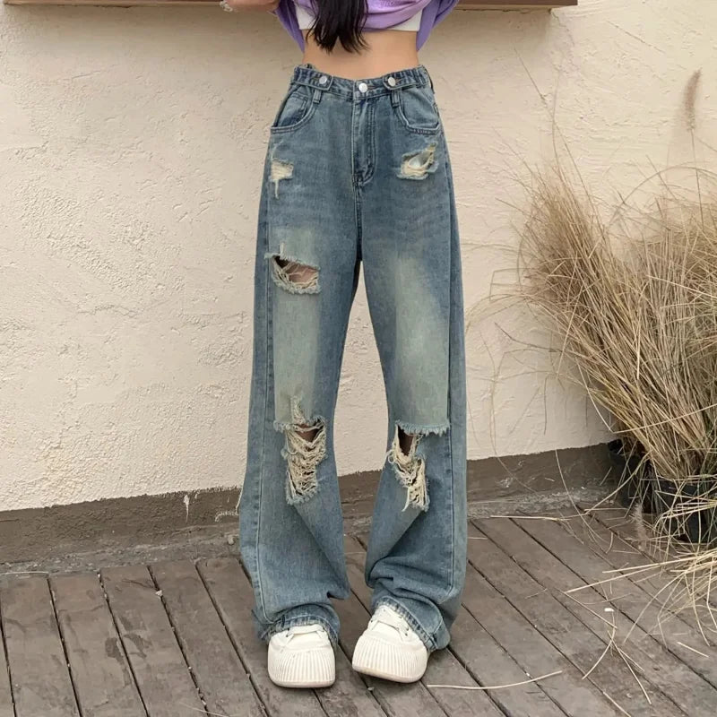 Y2K Vintage Wide-Leg Distressed Jeans
