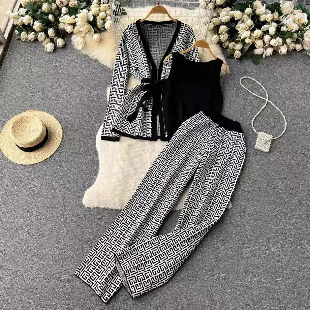 3-Piece Women’s Knitted Set: V-Neck Belted Cardigan & High-Waist Wide-Leg Pants