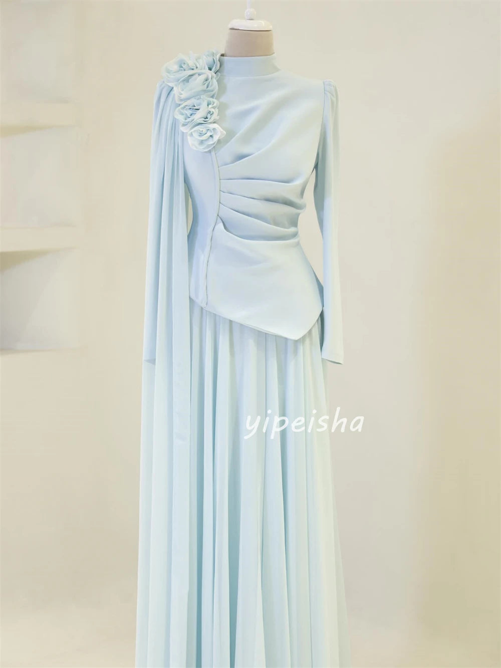 Customized Formal Women Chiffon Handmade Flower Ruched A-Line Evening Dresses Classic Arabic High Collar Long Sleeves Party Gown