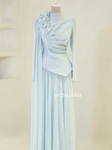 Customized Formal Women Chiffon Handmade Flower Ruched A-Line Evening Dresses Classic Arabic High Collar Long Sleeves Party Gown
