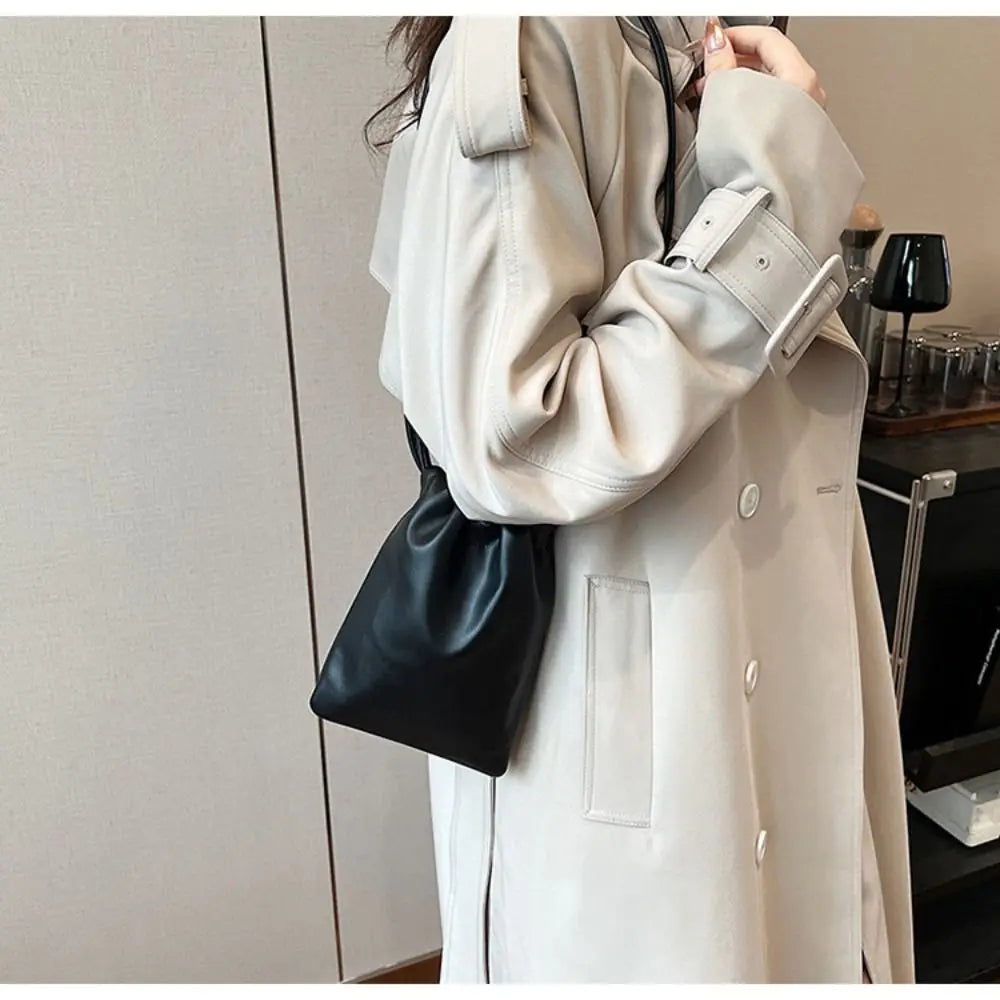 Portable Pu Leather Women Handbags Solid Flap Large Capacity Crossbody Bags Candy Color Mini Bucket Bag