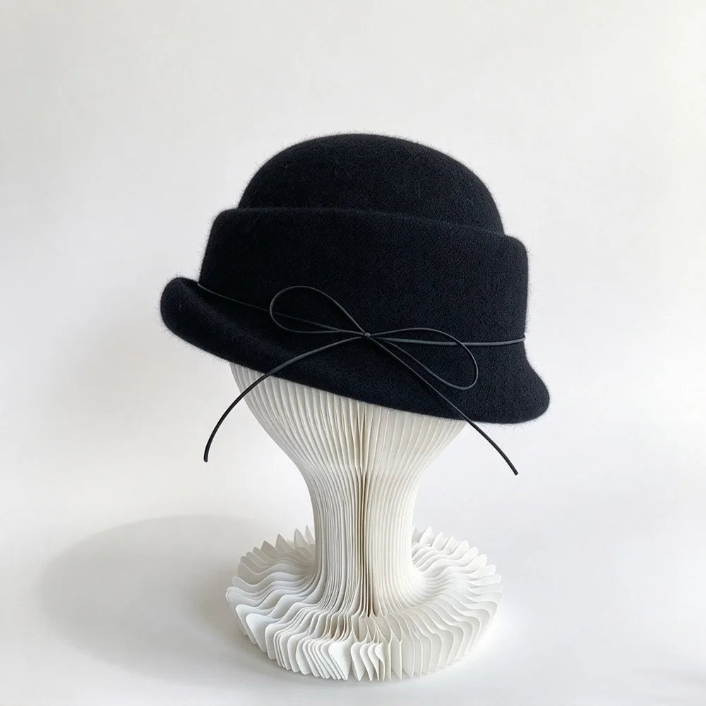 Women's Bow Cloche Hat with Roll-Up Brim