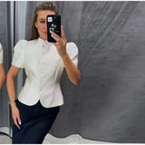 2026 Spring Summer Short Puff Sleeve Frog Button Shirt For Women Stand Collar  Single Breasted Blouse Lady Chic Street Party Top