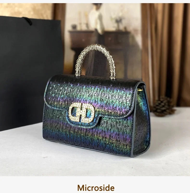 Advanced Ostrich Pattern Diamond Inlaid Women's Handbag New Fashionable High-End Shoulder Crossbody Bag