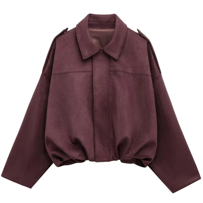 HXAO Suede Cropped Jacket Women's Bomber Jacket Oversized Batwing Sleeves Outerwears Lady Casual Loose Coat Street Style Jackets