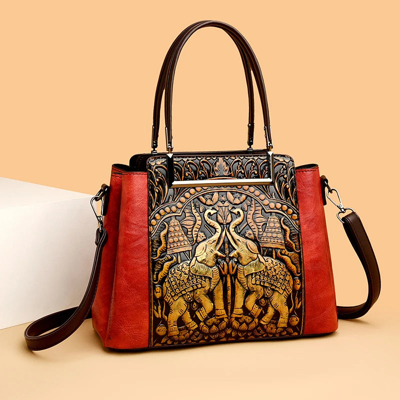 New Vintage Embossed Handmade Handbag For Women Versatile PU Leather Shoulder Bag 3 Layers Large Capacity Crossbody Bags Female