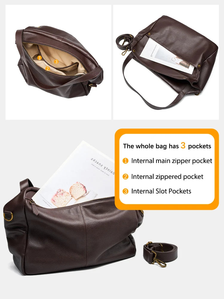 Zency Large Capacity Shoulder Bag Purse Genuine Leather Women's Work Tote Bag Handbag Shopper Bag Pocket For A4 ipad Crossbody