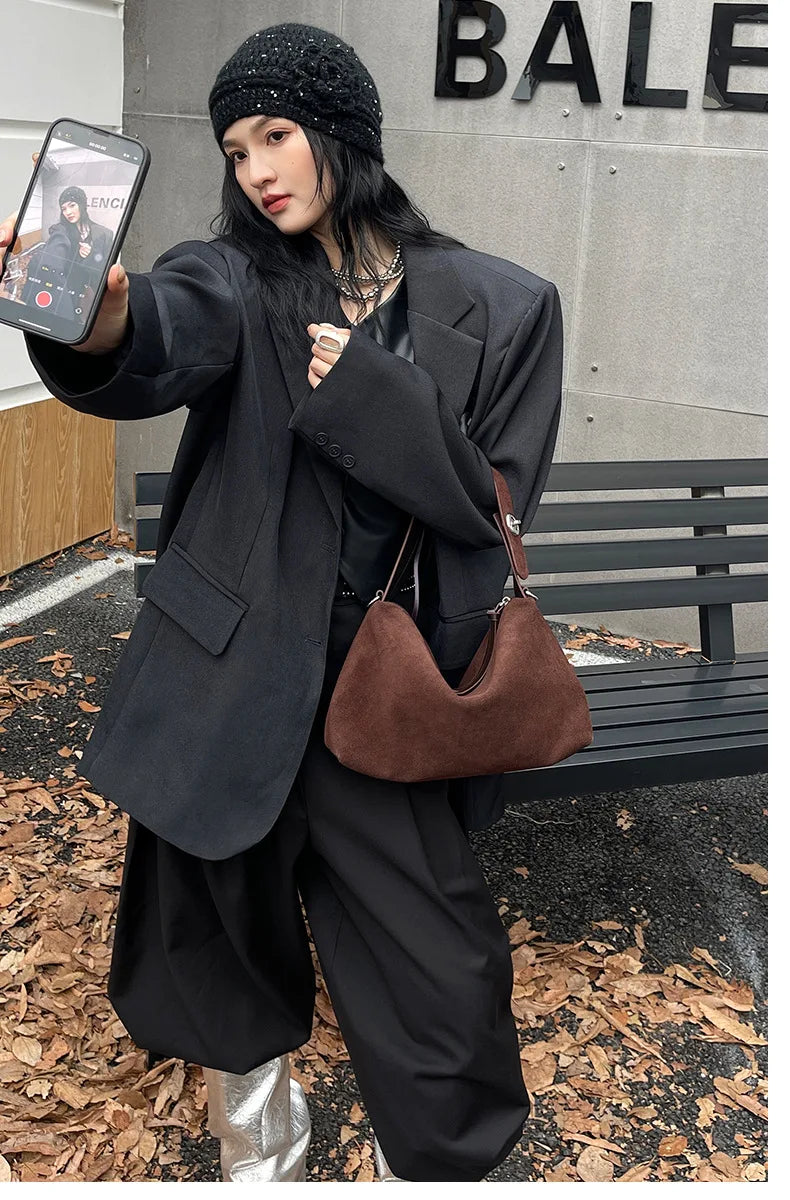 Wholesale Women Suede Bag Female Retro Frosted Cowhide Split Leather Armpit Shoulder Bag Lady Handbag Trendy Crossbody Messenger