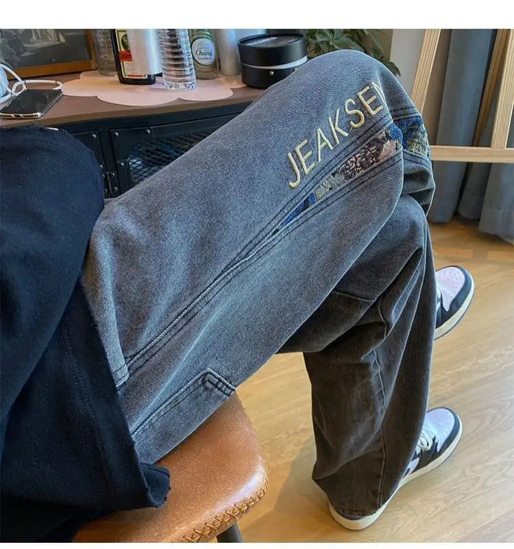 Men’s Bear Embroidered Wide-Leg Jeans