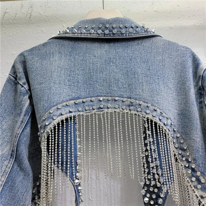 USA-Made Rhinestone Tassel Denim Jacket | Crystal Fringe Backless Festival Coat