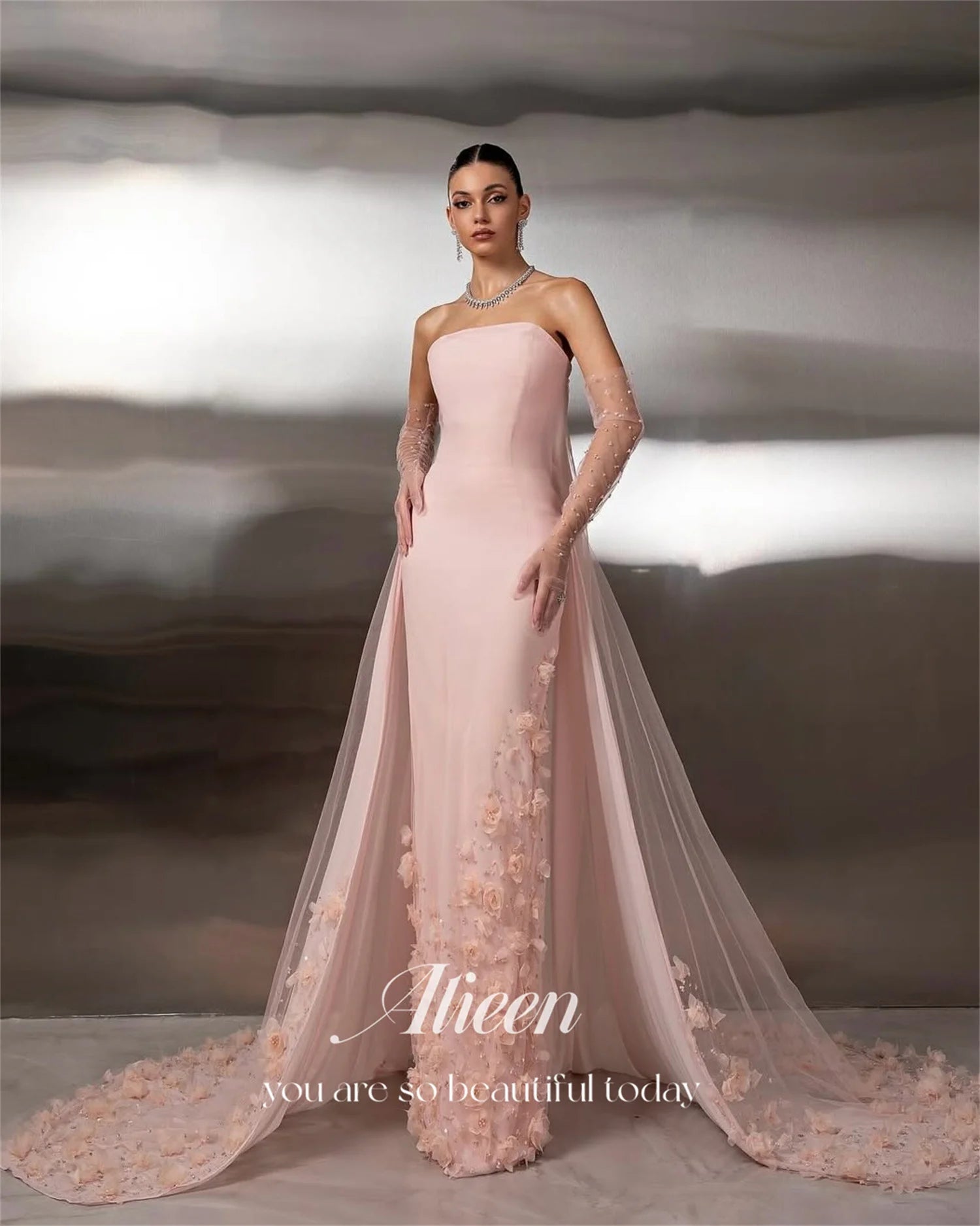 Pink Tulle Strapless Mermaid Evening Gown | Floral