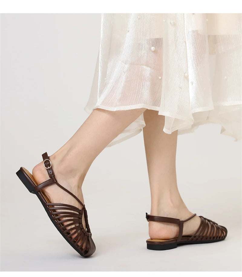 Women's Narrow Band Roman Flat Sandals — Buckle Strap Gladiator Beach Shoes