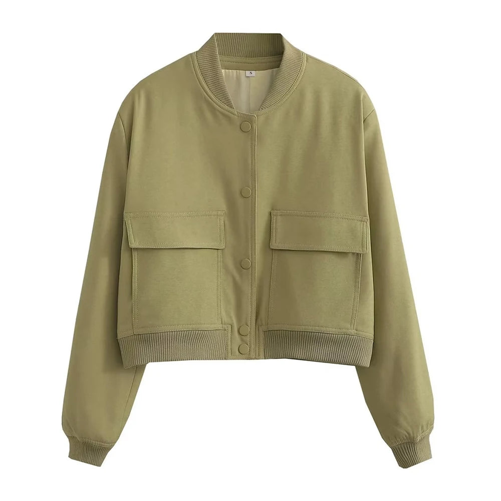 Women’s Vintage Utility Bomber Jacket – Chic Button-Down Outerwear