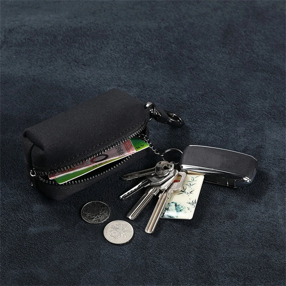 Portable Keychain Wallet for Men Women Large-Capacity Double Zipper Key Pouch Bag Suede Leather Key Case Unisex Coin Purse