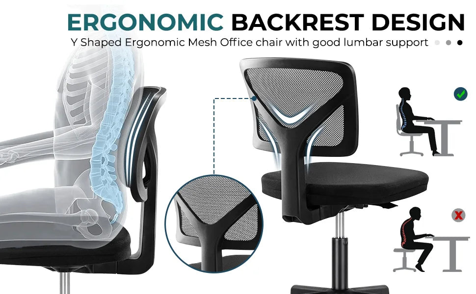 JHK Armless Mesh Office Chair | Lumbar Support & 360° Swivel