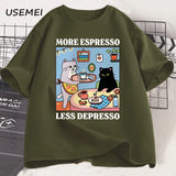 More Espresso Less Depresso Black Cat T-shirt Men Women Funny Coffee Cat T Shirt Casual Summer Cotton Short Sleeve Tshirt Tops
