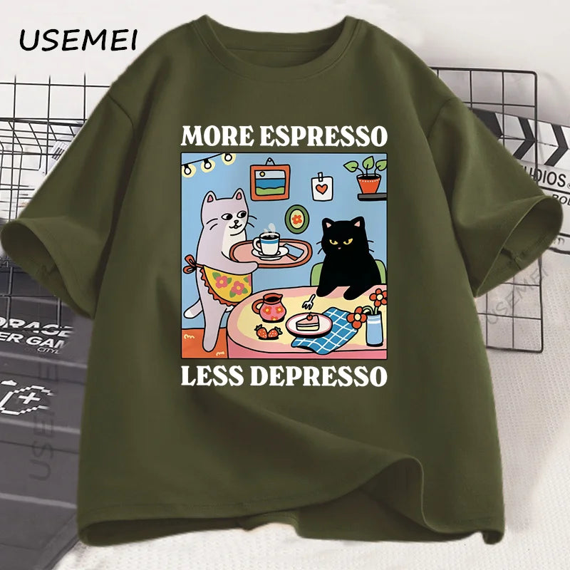 More Espresso Less Depresso Black Cat T-shirt Men Women Funny Coffee Cat T Shirt Casual Summer Cotton Short Sleeve Tshirt Tops