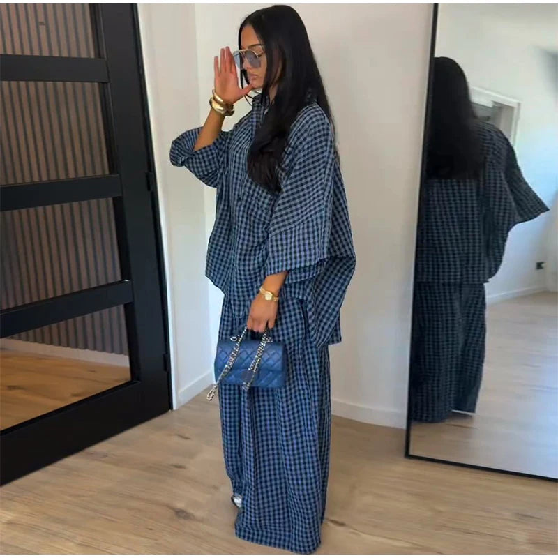 Casual Women's Pants Set Turn-down Collar Shirt Loose Bottom Female Plaid Printing Sets 2026 Summer Fashion Commute Lady Suit