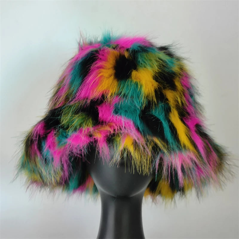 1pcs Winter Faux Fur Bucket Hat Warm Fluffy Plush colorful soft Winter hat Personality fur Fisherman Hats for women Plush hat겨
