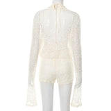 Mozision Lace Two Piece Set Women See Through Long Sleeve T-shirt And Shorts Matching Sets Female Elegant Shorts Two Piece Set