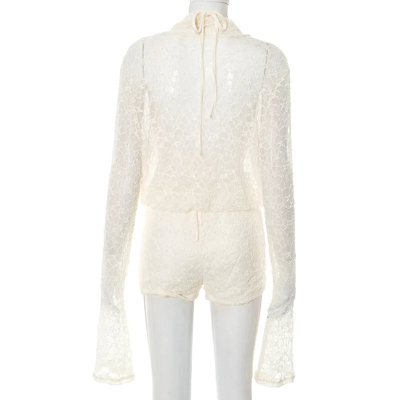 Mozision Lace Two Piece Set Women See Through Long Sleeve T-shirt And Shorts Matching Sets Female Elegant Shorts Two Piece Set