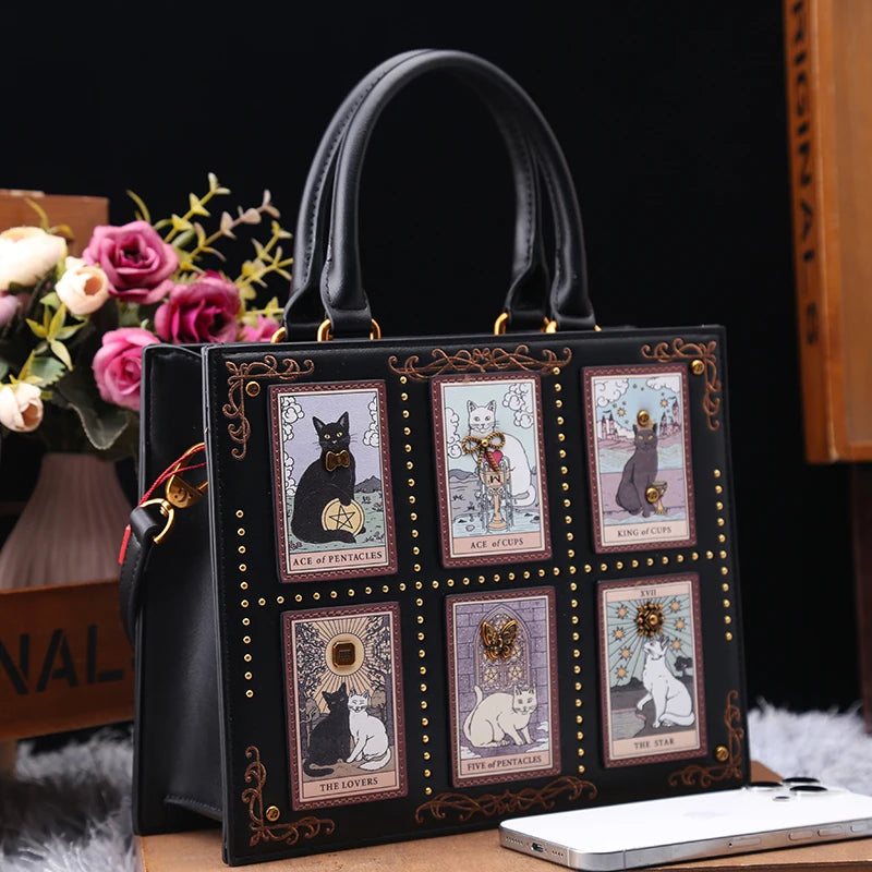 Vintage Luxury Leather Tote – Designer Cat Embroidery Shoulder Bag