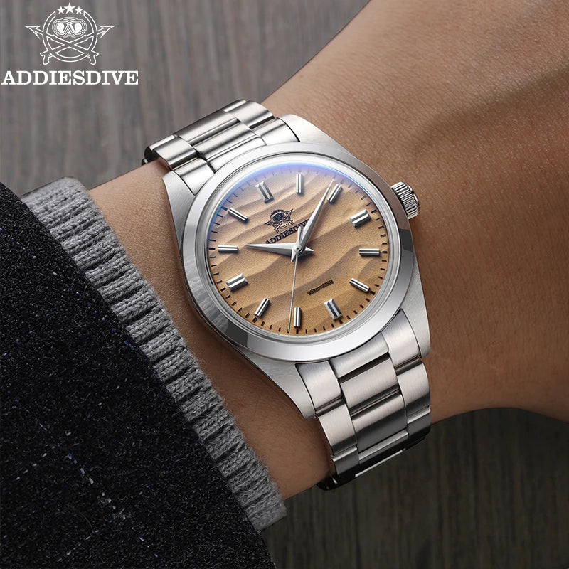 ADDIESDIVE Men's Watch 36mm Quartz Watch Diving 100m Sand Dial 316L Stainless Steel AR Bubber Glass Fashion WristWatch for Men
