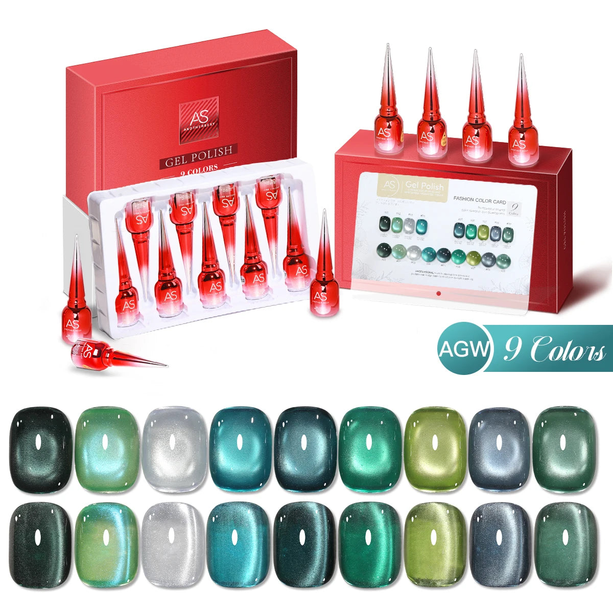 AS 9 Colors Magnetic Cat Eye Gel Nail Polish Set Jelly Pink UV LED Soak Off Gel Varnish Crystal Red Cat Gel Lacquer With Display
