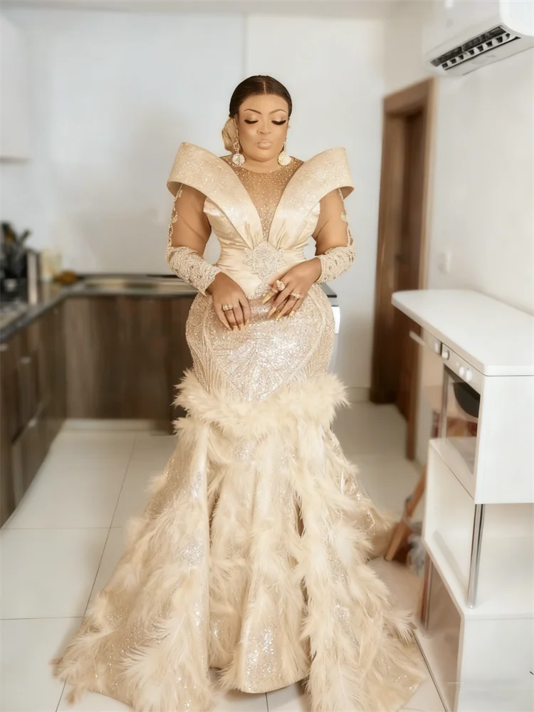 Mermaid Evening Gown | Crystals, Feathers & Beading