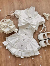 Spring Y2K Princess Outfits Women 2 Piece Sets Sweet Kawaii Bow Tops + Lace Pleated Skirt Female Retro Chic Preppy Style Clothes