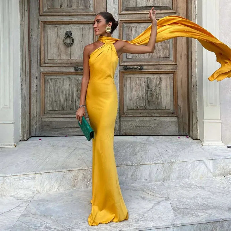 Elegant Ribbon Halter Maxi Dress