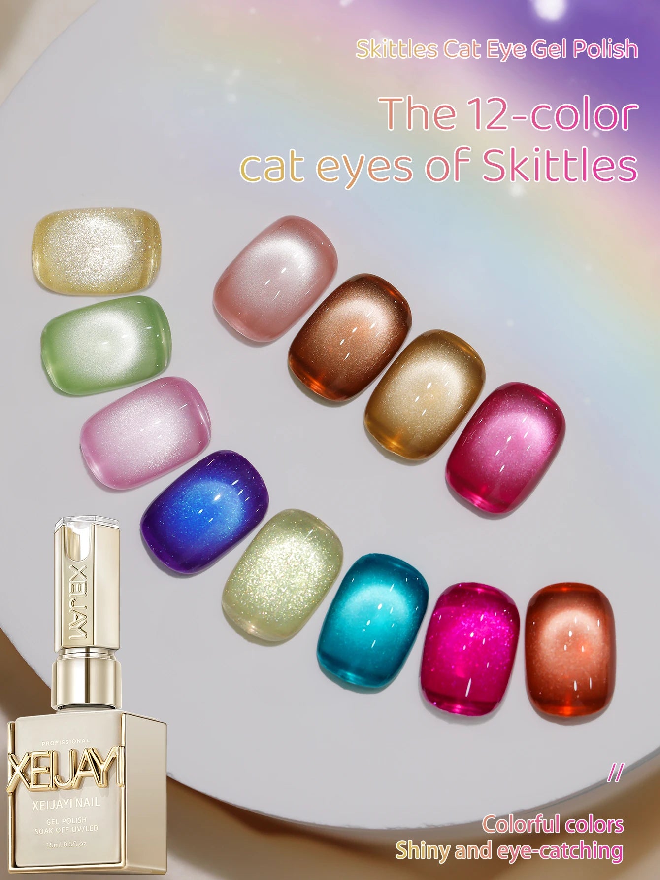 XEJAYI 12pcs 15ml Rainbow Candy Cat Eye Gel Nail Polish Set,UV LED Soaking Nail Gel, Semi-Permanent, DIY Salon Quality Nail Art