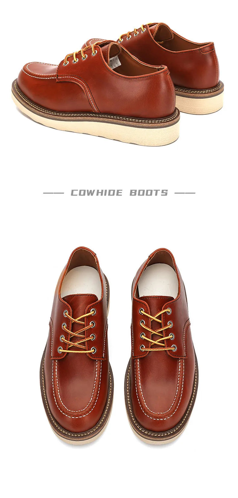 KOWM cow leather Hiking shoes Brown trekkin boots men  low cut workwear big toe shoes trendy casual ankle shoes walking sneakers
