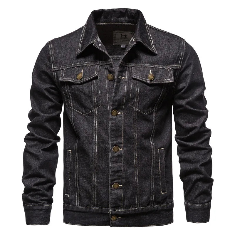 Vintage Solid Denim Motorcycle Jacket - Slim Fit Casual Cotton Coat