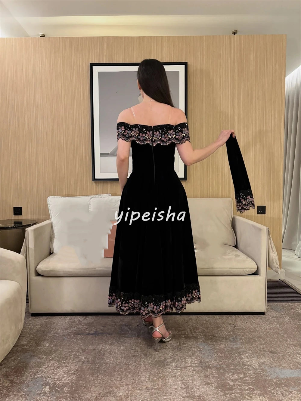 Off-Shoulder Floral Beaded A-Line Midi Dress