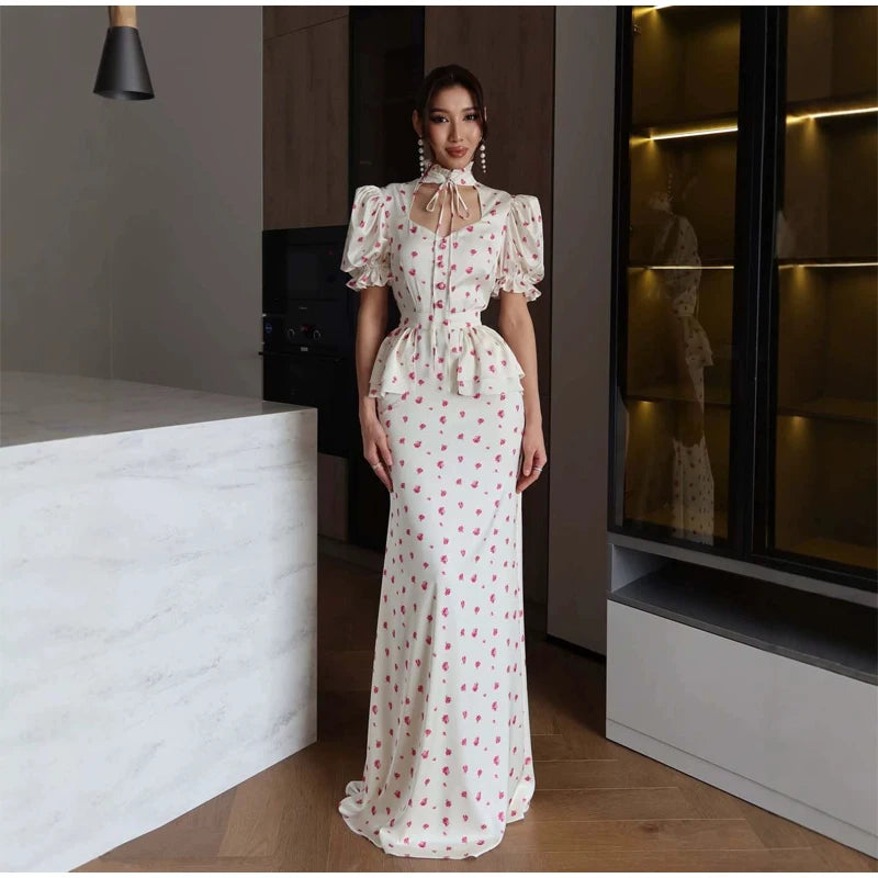 Women White Pink Floral Print Fishtail Skirt Set Chic V Neck Puff Sleeve Ruffle Button Crop Top Suit Elegant Lady Wedding Outfit