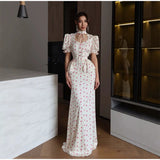 Women White Pink Floral Print Fishtail Skirt Set Chic V Neck Puff Sleeve Ruffle Button Crop Top Suit Elegant Lady Wedding Outfit
