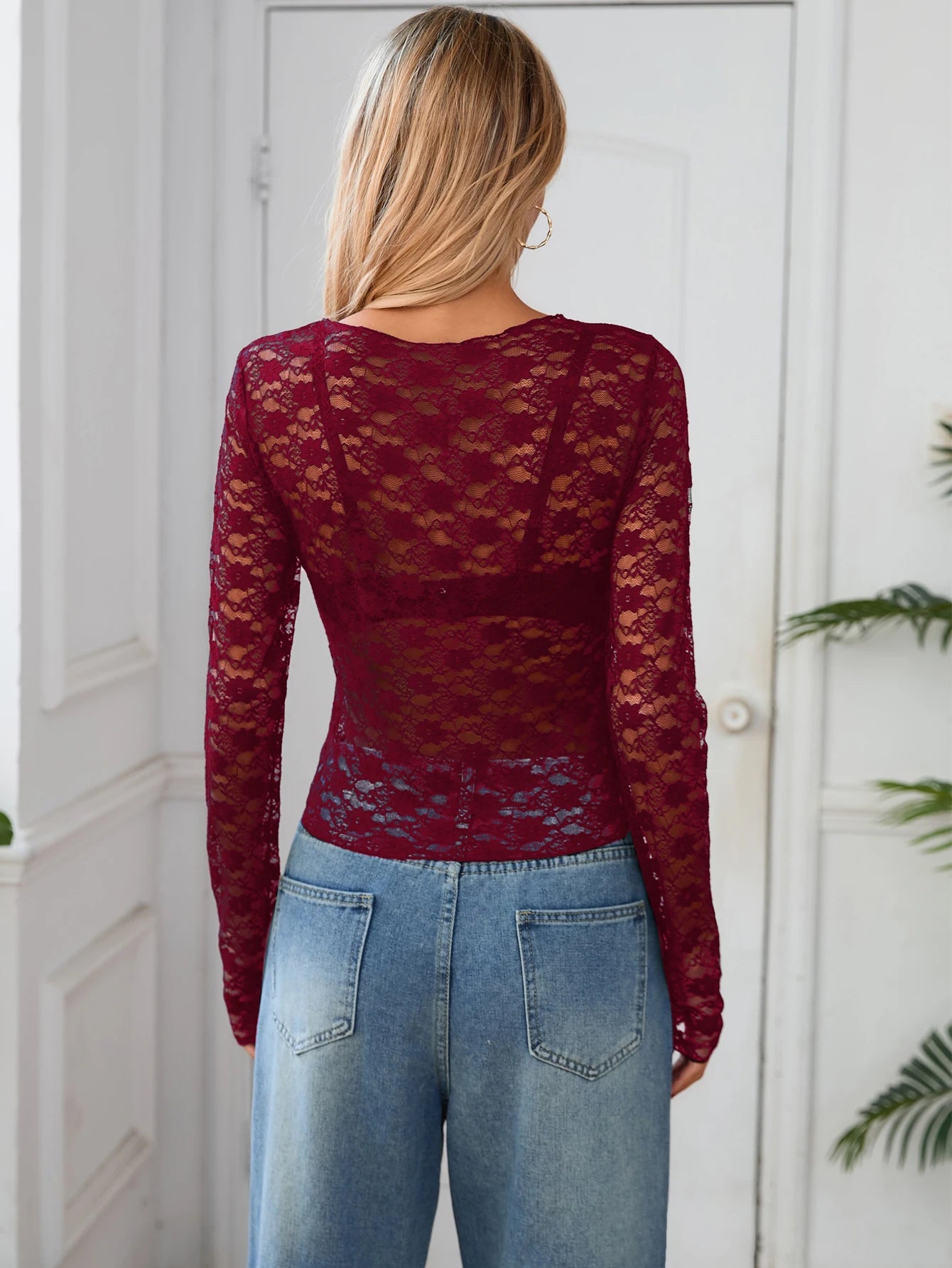 Mesh Lace Long Sleeve Crop Top