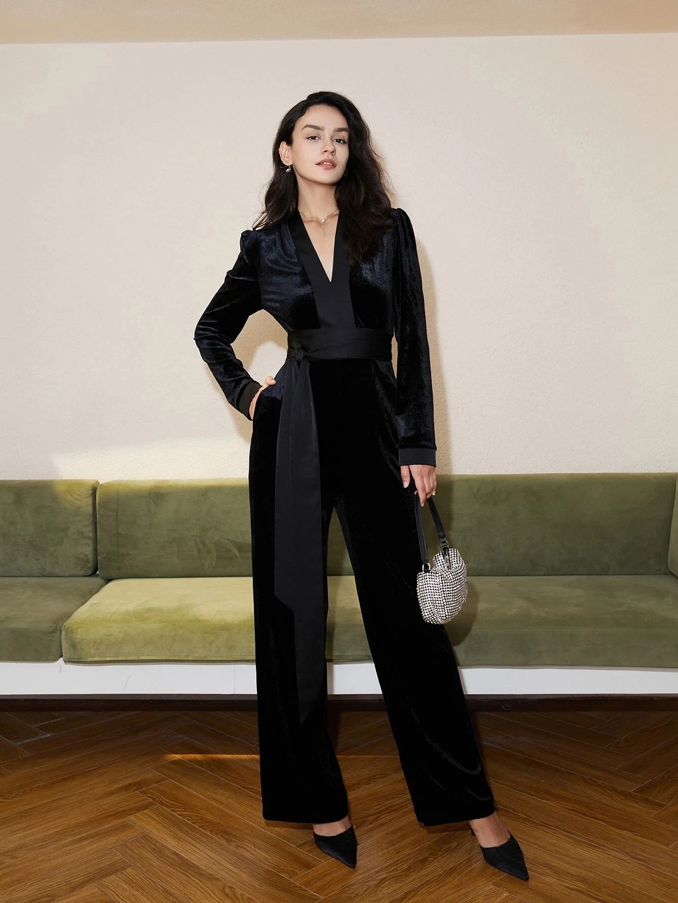 Elegant V-Neck Belted Velvet Jumpsuit – High-End Office & Evening Wear
