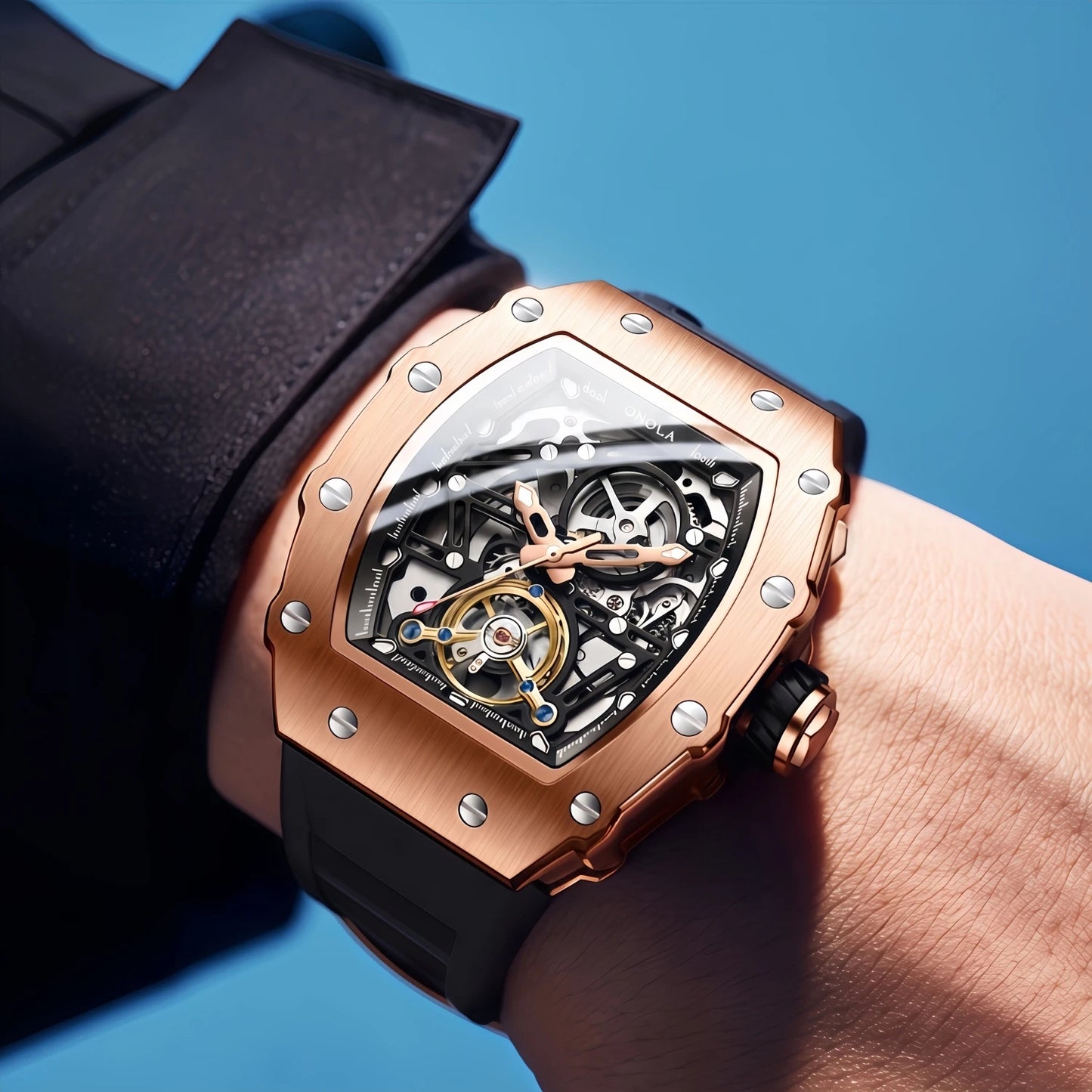 Fashion Luxury Men's Watch ONOLA Hollow Out Rudder Flywheel Fully Automatic Mechanical Waterproof Silicone Watches Clock
