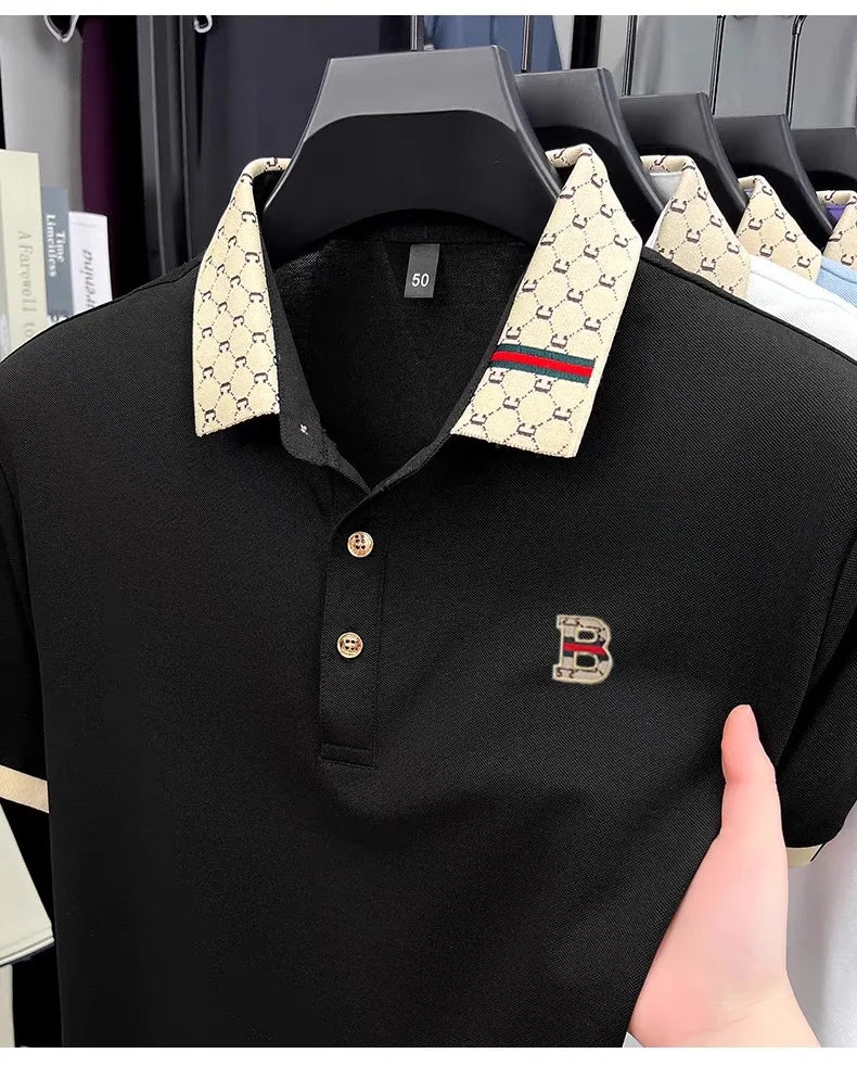 B Letter Embossed Short Sleeve Polo Shirt for Men