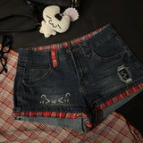 Women's Y2K Red Plaid Low-Rise Denim Shorts – Diamond-Encrusted Retro Design