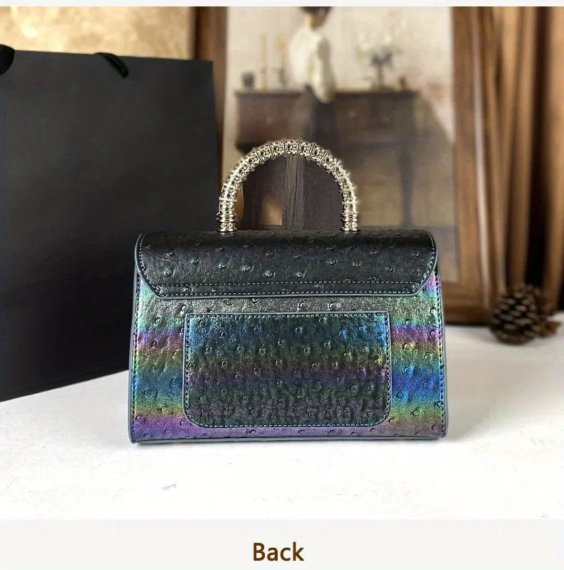 Advanced Ostrich Pattern Diamond Inlaid Women's Handbag New Fashionable High-End Shoulder Crossbody Bag