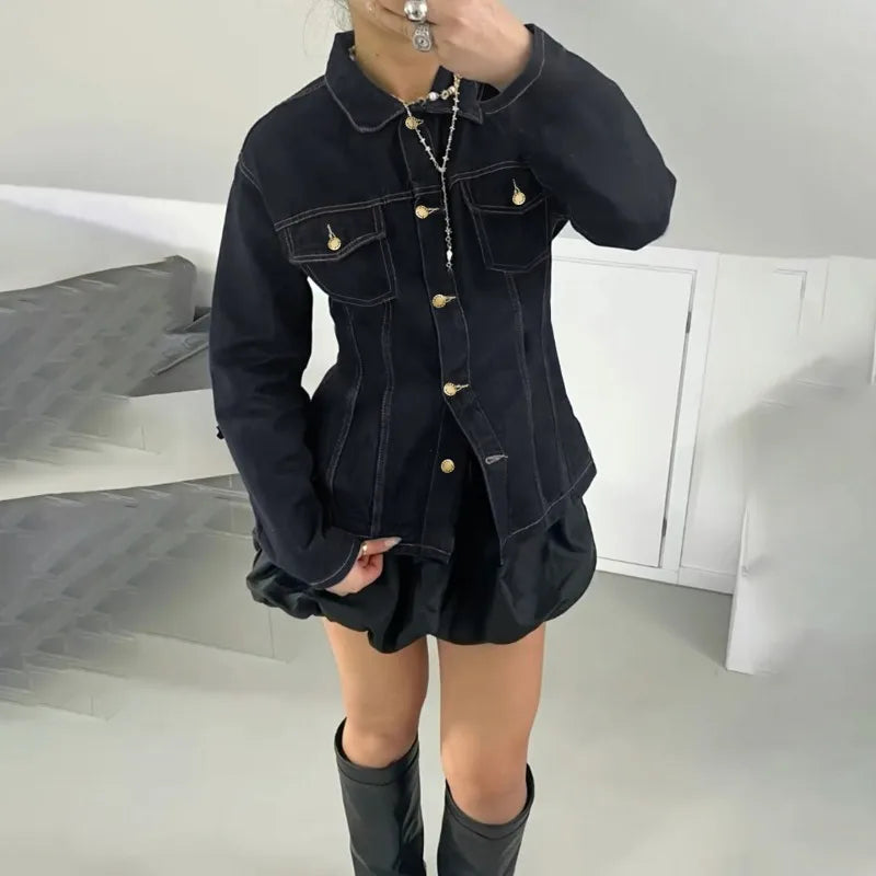 Y2K Vintage Patchwork Denim Jacket – Retro Streetwear Long-Sleeve Coat