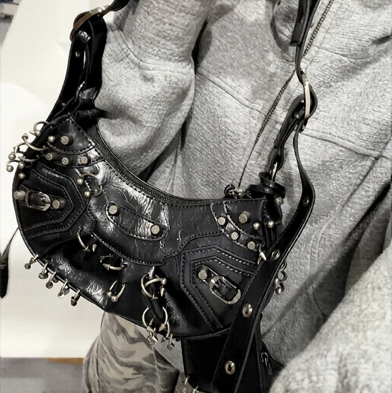  ﻿ 2026 New Women's Fashion Shoulder Bag European Vintage Style Cropped Studded Motorcycle Bag Soft Material Crossbody Design